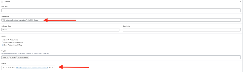 A form interface with fields for calendar name and type, options for yield, and buttons to save or access saved productions. Red arrows indicate key functions.